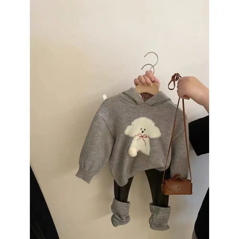 

Casual Set Autumn New Cute Puppy Hooded Knitted Top Color Block Versatile Leggings Trendy