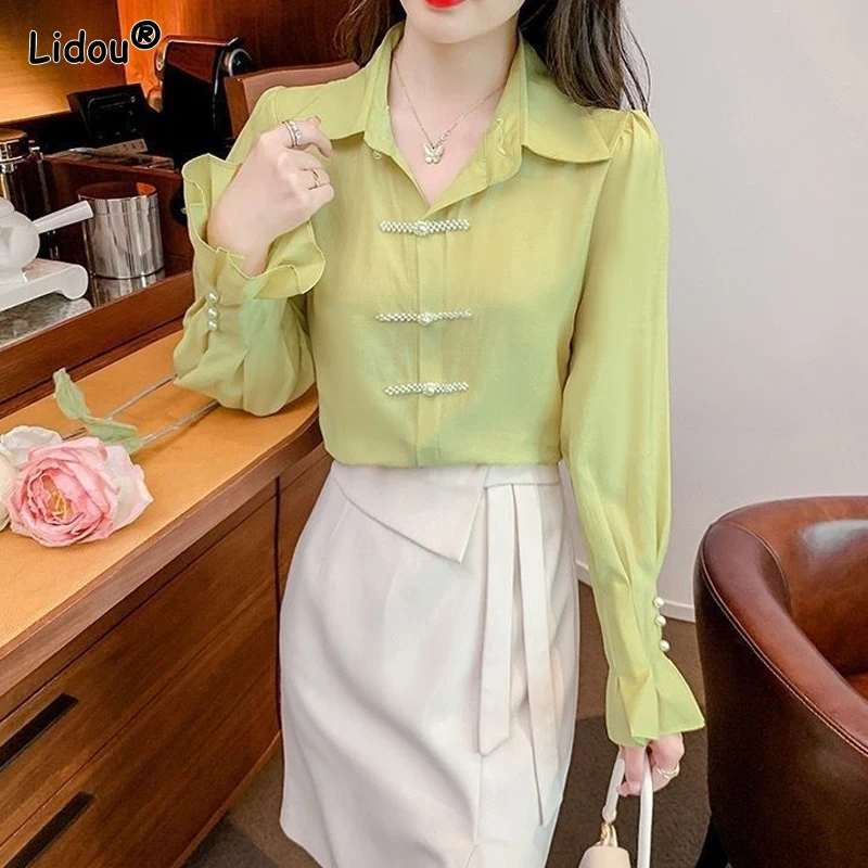 Tops Sprung Summer Turn-down Collar Thin Patchwork Temperament Elegant Fashion Casual Sweet Blouses Women\'s Clothing 2023 Loose