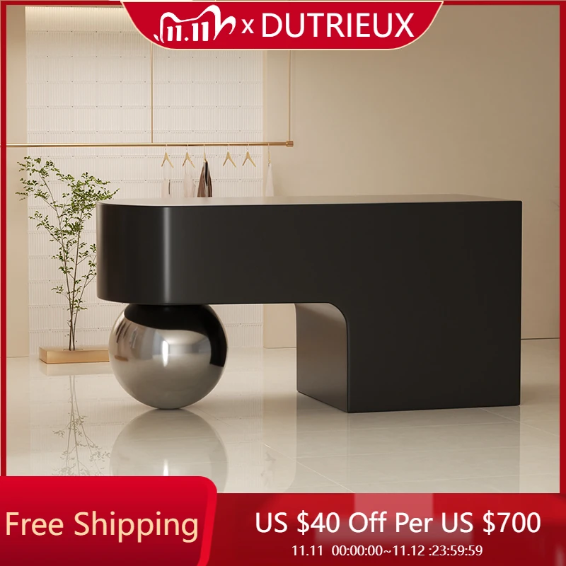 

Stainless Steel Elegant Reception Desks Design Modern Luxury High-end Reception Desks L Shaped Black Bureau Office Furniture