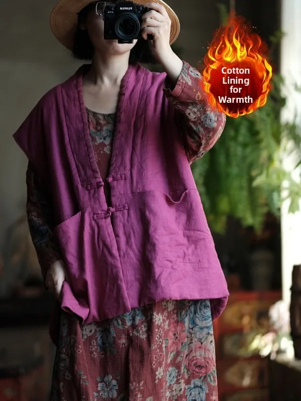 Retro Baumwolle Leinen Farbe V-ne Geknöpft ort Weste Große Größe frauen Kleidung Traditionelle Chinesische Stickerei Herbst W...