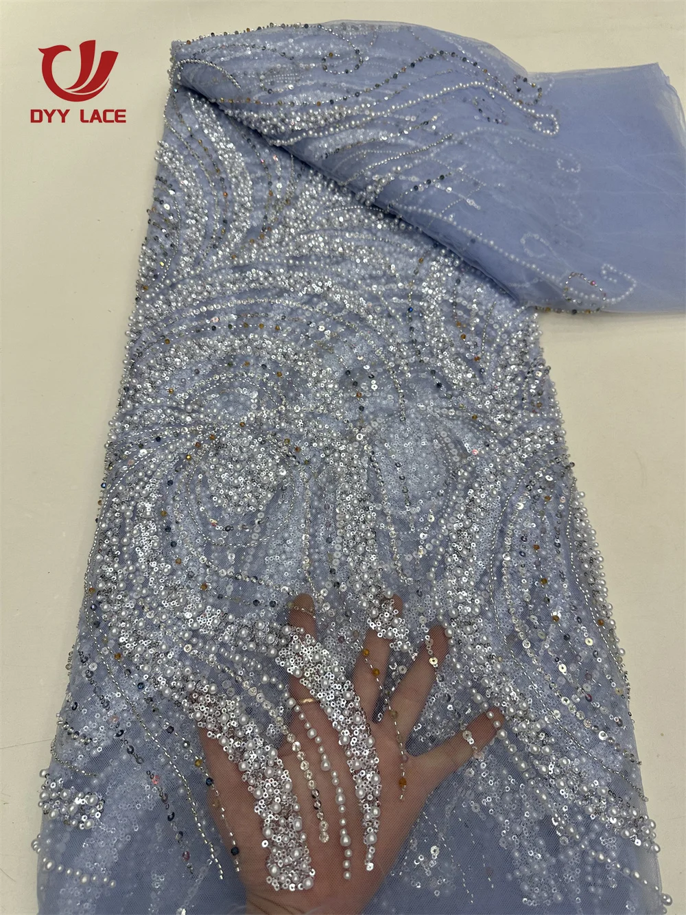 Latest African Lace Fabric High Quality Nigerian Lace Beads Sequins French Net Fabric For Sewing Party Wedding Dresses 5 Yards