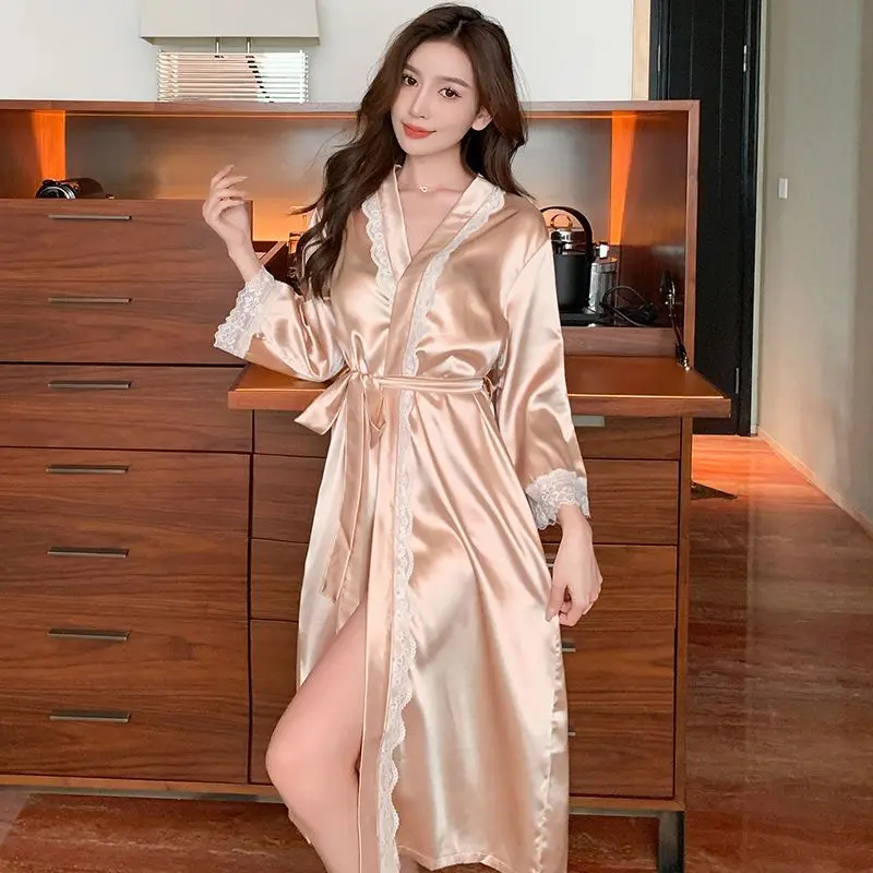 

Sexy Nightgown Jurchen Silk Bridal Solid Color Dressing Gown Spring Autumn Long Ladies Pyjamas Women Sleepwear One Piece Dress