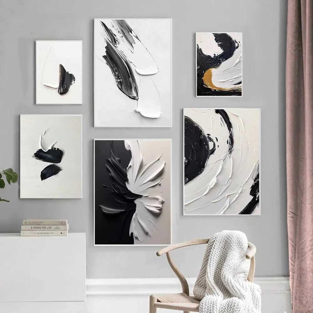 Modern Minimalist Black and White Texture Abatract Canvas Painting, Nordic Wall Art Poster Print Living Room Home Decor Unframed