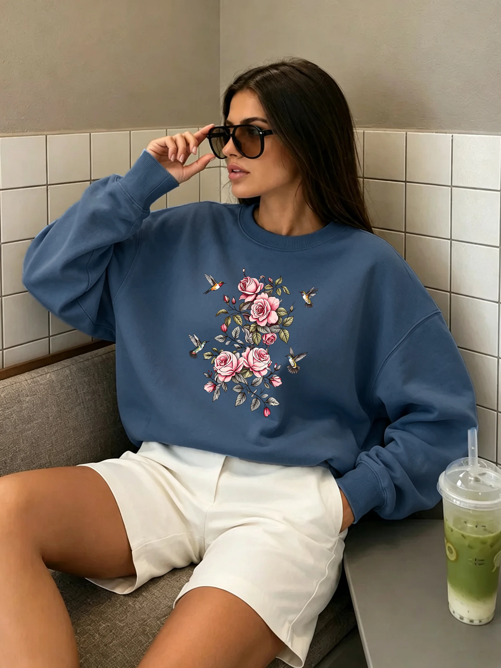 Rosa Rosen-Kolibri-Blumenmuster, Damen-Pullover mit Rundhalsausschnitt, Y2K-Sport-Sweatshirt, Herbst, lockere Kleidung, Fleece, Jogging, Streetwear – Detail 14