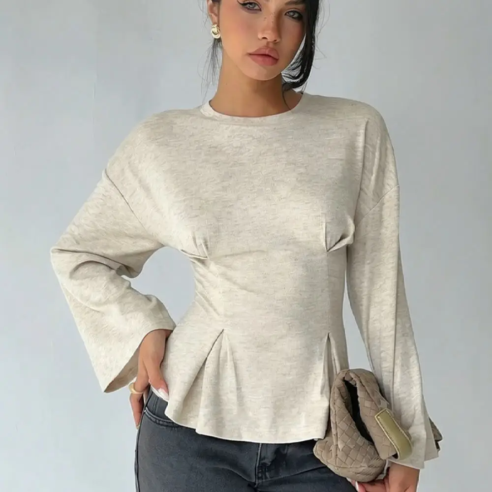 Spring Summer Women Long Sleeve T Shirt Flare Sleeve Fashion Casual Solid Color Slim Fit Elegant Commuter Pullover