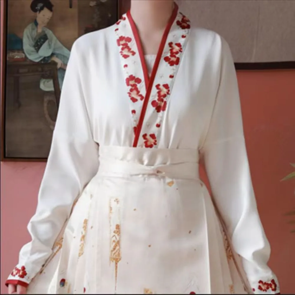 Винтажная юбка Hanfu с изображением лошади, Модный женский костюм из 2 предметов, рубашка, юбка со складками, белый, красный, черный, Mamianqun