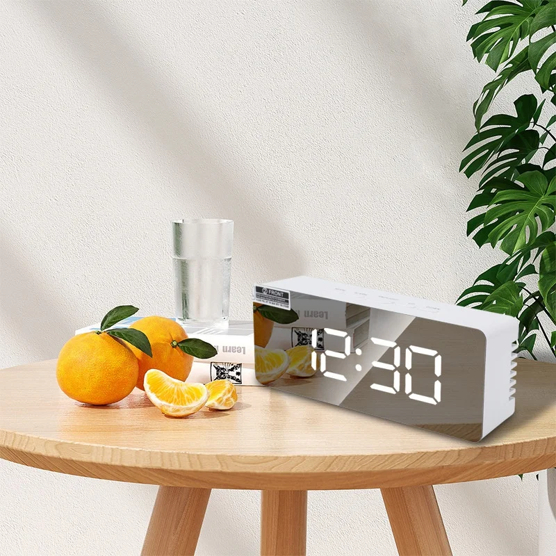 Led Digital Alarm Clock Snooze Alarm Clock With Mirror Adjustable Brightness And Temperature Display