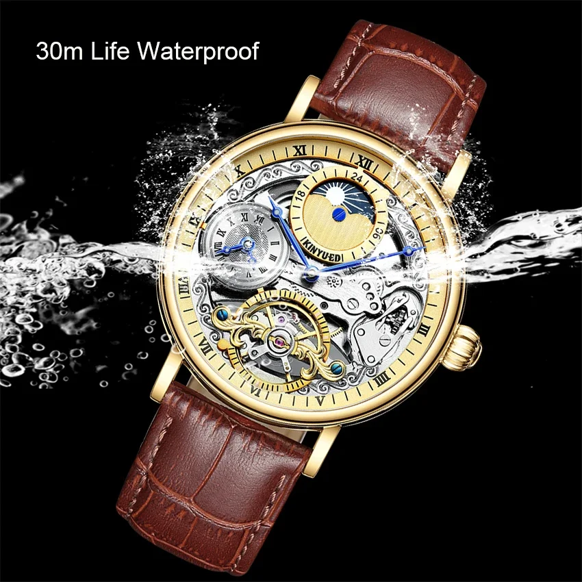 KINYUED Moon Phase Automatic Mechanical Men Watch Multiple Time Zone Luminous Hands Waterproof Wrist Watch relogio masculino