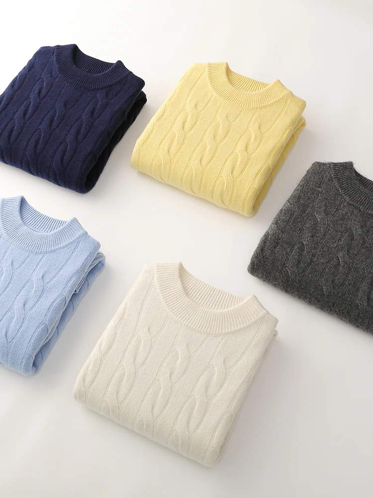 Chic O-Neck Twist Flower White Sweater 100% Merino Wool Knitted Tops Autumn Winter Preppy Simple Style Men's Pullover Thick Tops