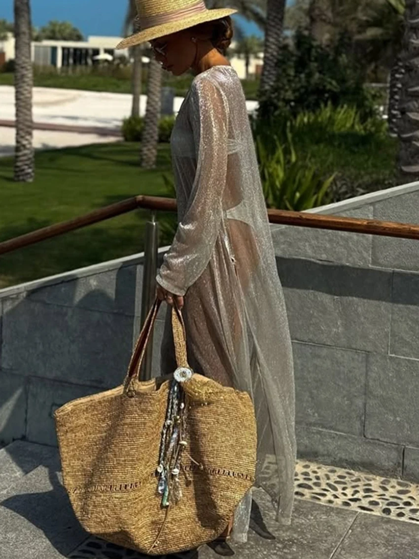 ชุดนอนแฟชั่นผู้หญิง Marthaqiqi คอทรงโอ แขนยาว ชุดนอนเซ็กซี่แบบผ่าข้าง ชุดนอนยาวถึงข้อเท้า ชุดนอนผู้หญิง