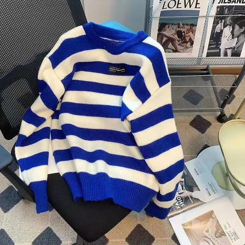 Striped Round Neck Knitted Pullover Sweater for Women's 2023 Autumn/winter New Korean Version Loose and Lazy Fashion Bottom Top