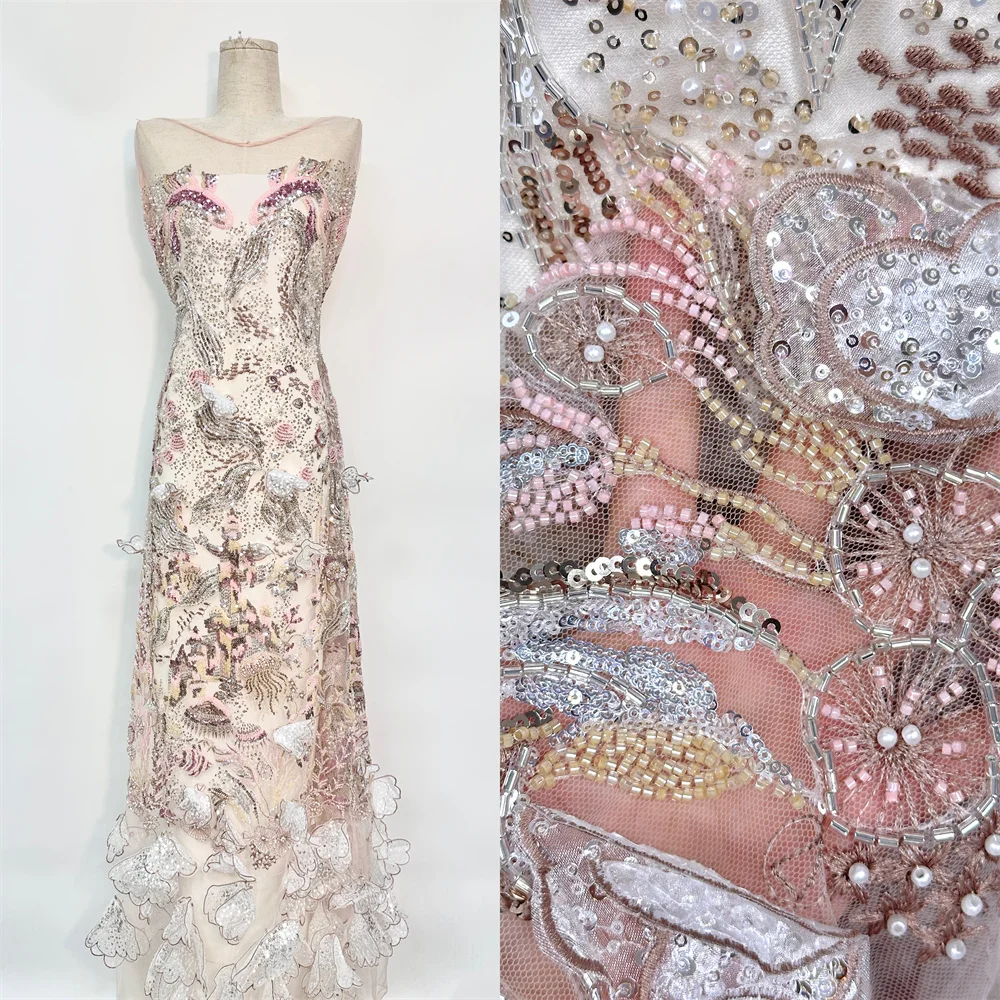 

5 Yards Luxury Beaded Fabric Heavy Sequins Embroidery Fabric Fashion French Tulle Mesh Lace Fabric for Wedding Sewing