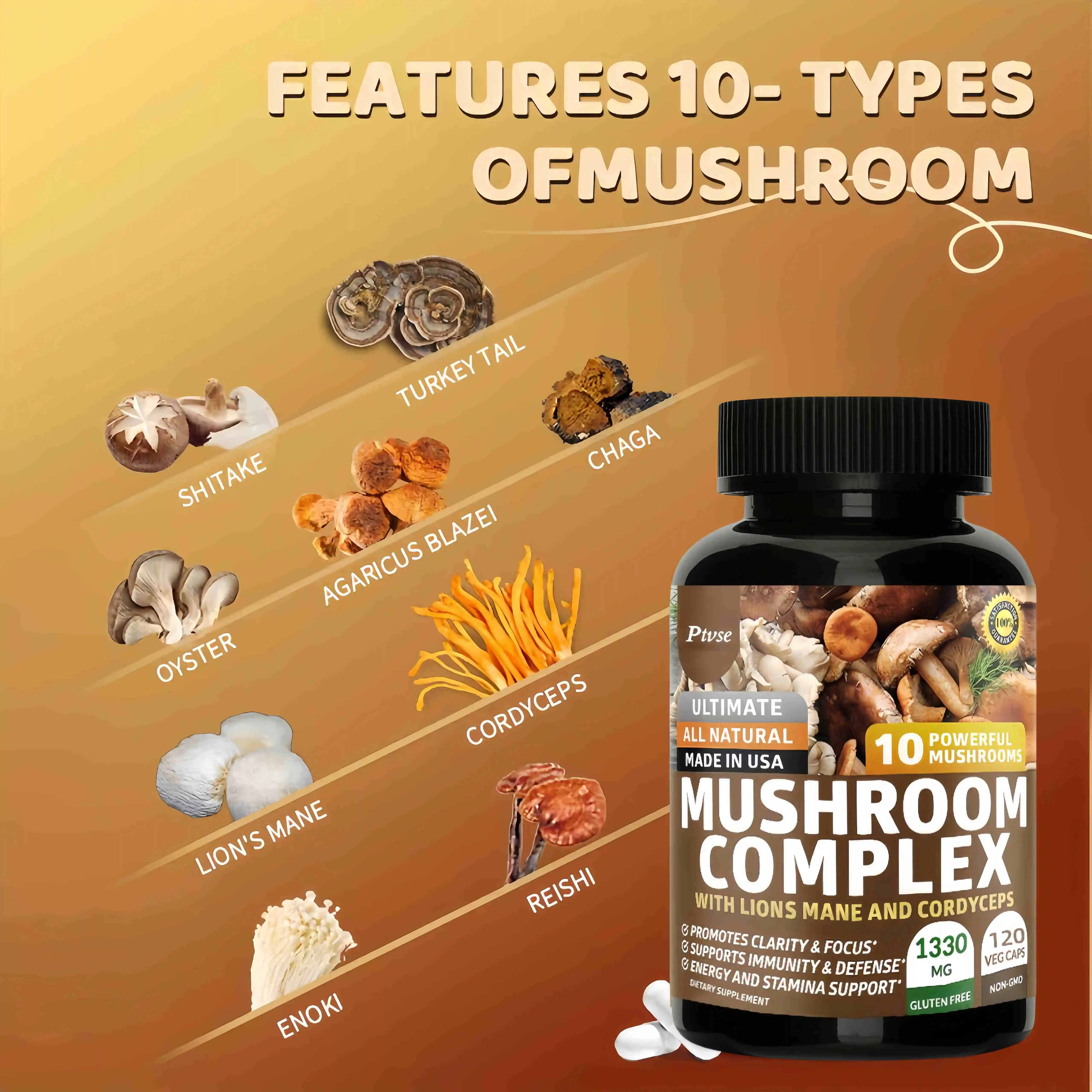 Original Mushroom Complex Capsules with Lions Mane Chaga Cognitive Brain Function Stress Relieves Beauty Health Diet Supplement