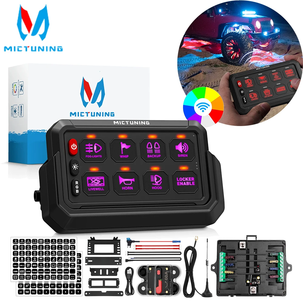 

MICTUNING RGB 8/12 Gang Switch Panel Wireless Cordless Mode Adjustable RGB Color Brightness for Jeep Offroad 4x4 Car Boat 12-24V