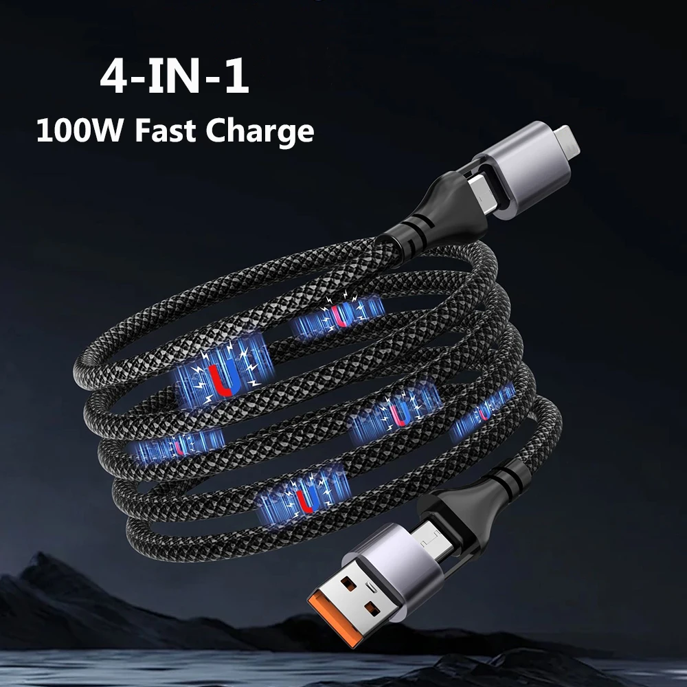 PD100w Magnetic Fast Charge Cable 4 in 1 Braid USB C Cable Retractable Anti-tangles Charging Cord for IPhone Laptop Car Charger