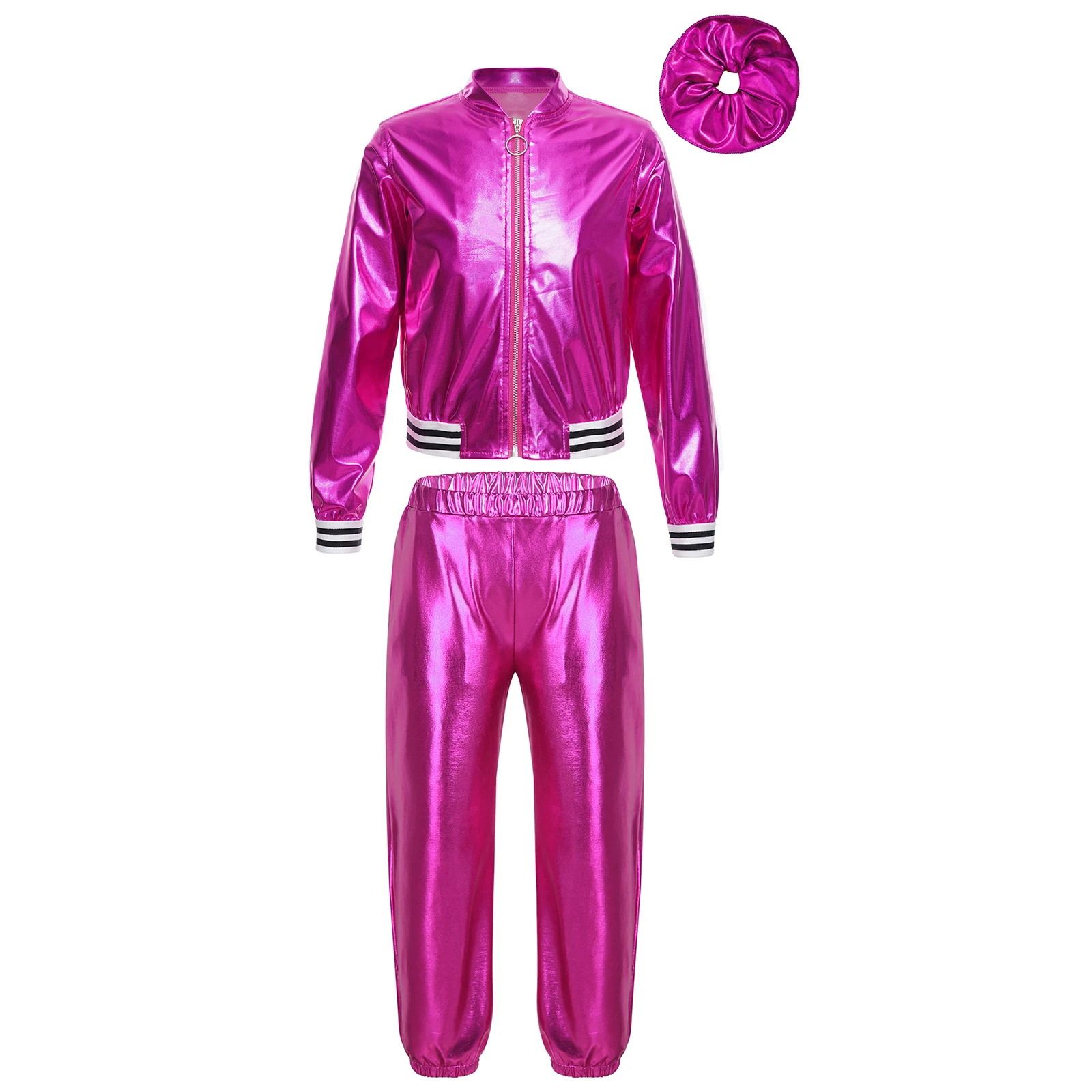 Girls Fashion Dancewear Suits Kids Hip Hop Clothes Long Sleeve Zipper Metallic Jacket with Pants Children Jazz Dance Costume