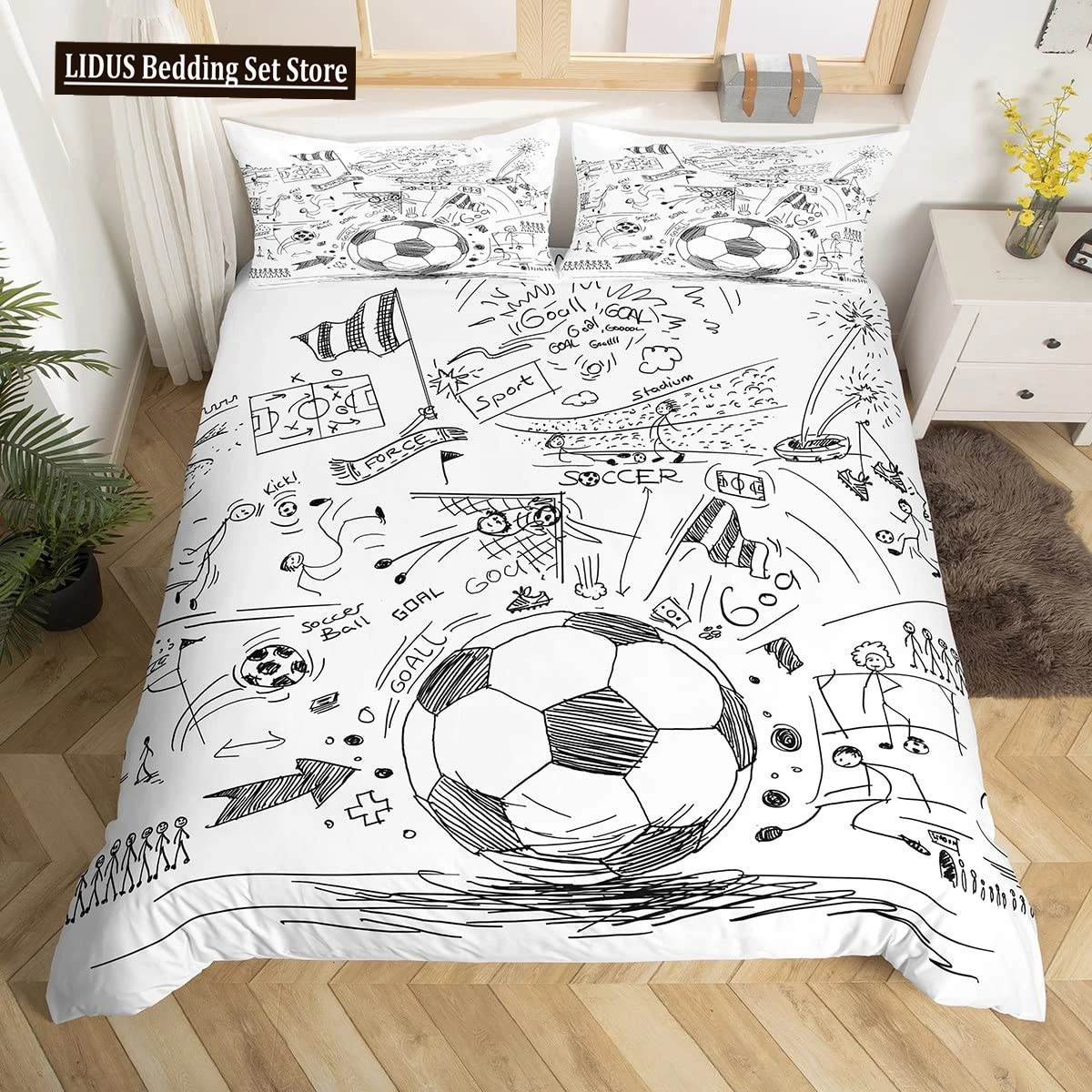 Football Duvet Cover Set Hand Drawn Sketch Soccer Flag Network Team Sports Bedding Set For Boys Teens Men Twin Comforter Cover