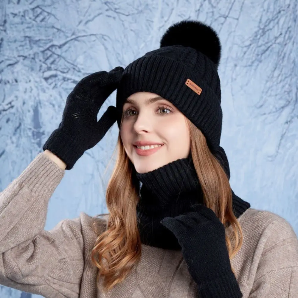 Conjunto de guantes y bufanda de Color sólido suave, gorro de punto térmico de lana cálida, Protector de cuello, gorro de invierno con forro polar para clima frío, 3 uds.