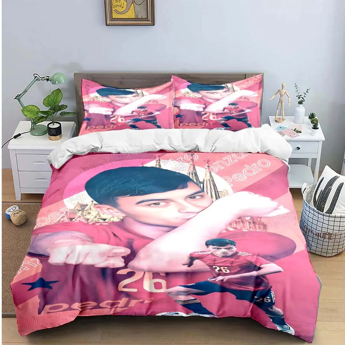 HOT Fashion Spain Football Star P-Pedri Bettbezug, Kissenbezug, Bettwäsche-Sets für Erwachsene, Jungen, Mädchen, Schlafzimmer, Einzelbett, Doppelbett, große Größe