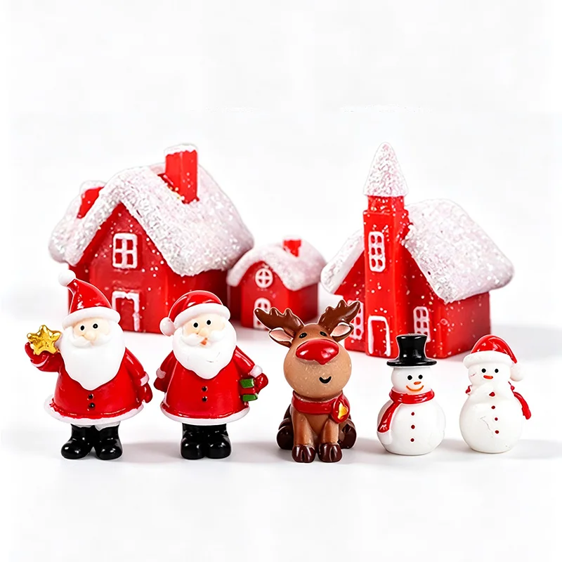 4-9Pcs/lot Mini Christmas Santa Claus Snowman Elk Resin House Ornament Micro Landscape Home Decoration Miniatures Xmas Gift