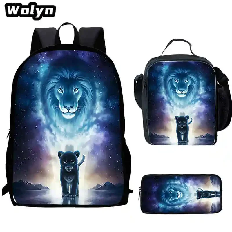 3Pcs Set Cartoon Lion School Backpack with Lunch Bags Pencil Bags for Boys Girls,Anime School Backpack for Kindergarten