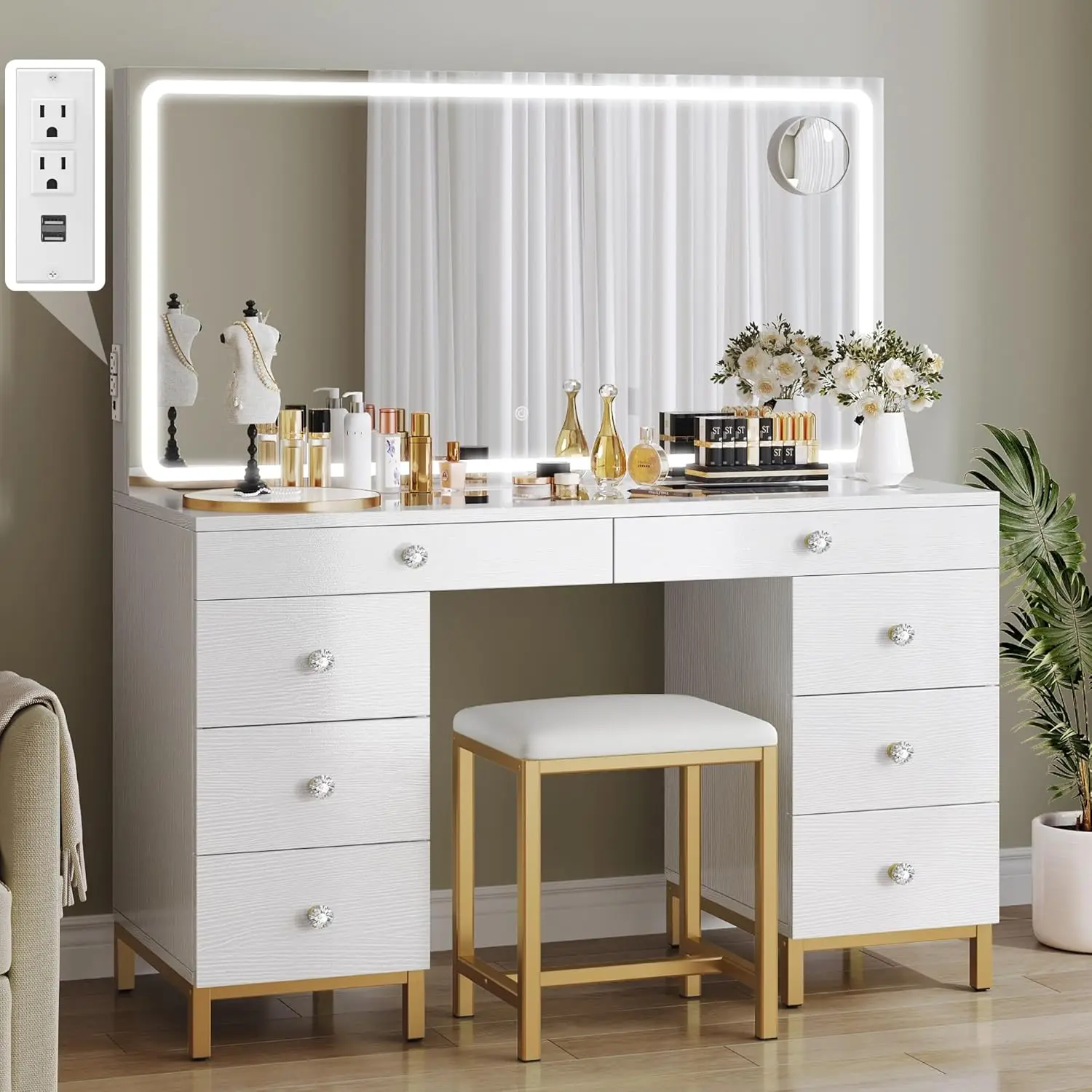 Vanity Desk with Mirror, Power Outlet and Magnifying Glass, Makeup Table with 8 Drawers, 3 Lighting Colors