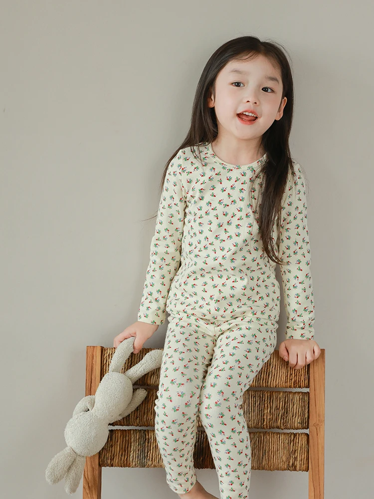 2024 Girls Flower Printed Pajamas Animal Printing Home Clothes Long Sleeves Comfortable Children Sleepwear Pants Two Piece Sets