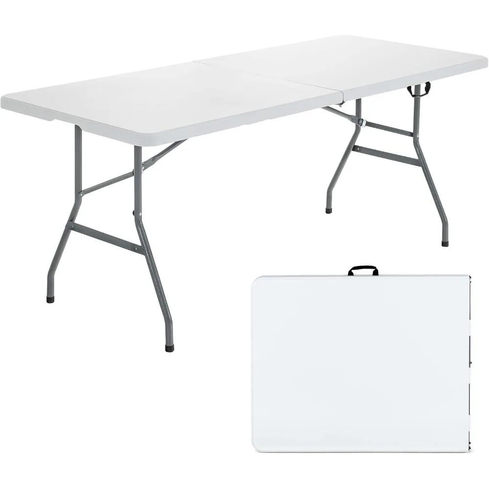 

Folding Tables, 6ft Foldable Plastic Card Table, Portable Heavy Duty Fold Up Table w/Handle, White Outdoor Utility Folding Tabl