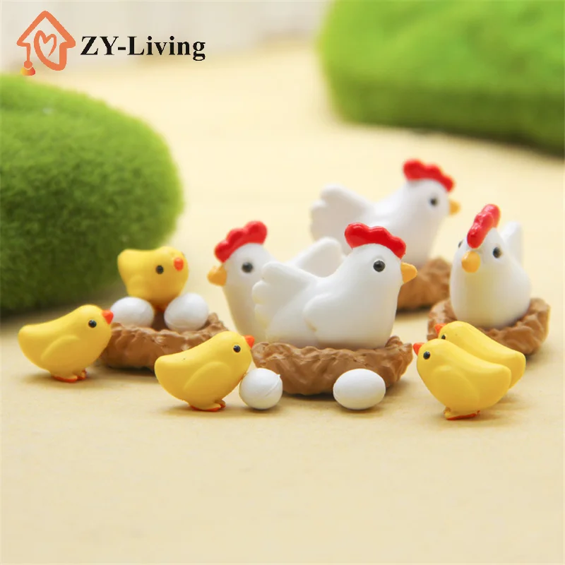 10Pcs Figurines Cute Family Garden Miniatures Artificial Micro Landscape (2hens + 2nests + 3little Yellow Chickens + 3eggs)