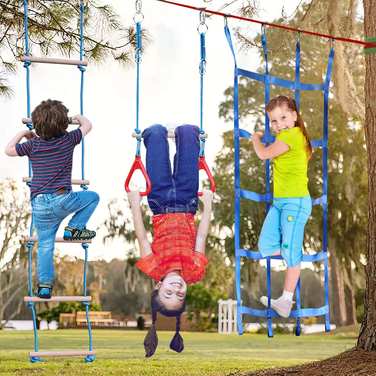 Curso de obstáculos de Guerrero Ninja para niños, doble con 10 accesorios más completos para niños, columpio, Columpio de trapecio