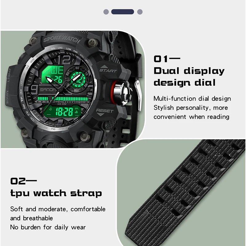 SANDA G style New Men Watch 50M Waterproof Sports Military Quartz Watch For Male Electron LED Digital Wristwatch Reloj De Hombre