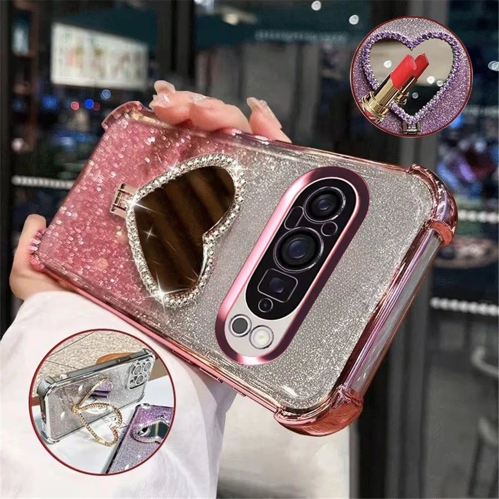 Image of Glitzer-Herz-Spiegelhalter-Handyhülle für Google Pixel 9 9A 9 10 Pro XL 10A 7 7A 8 8A Stoßfeste Weiche Silikon-Rückabdeckung