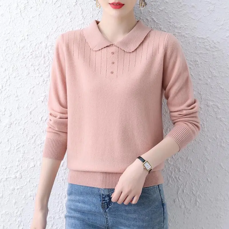 Herbst Winter Frauen Solide Strick Pullover Korean Fashion Langarm Revers Alle-spiel Casual Lose Bodenbildung Pullover Tops 2022