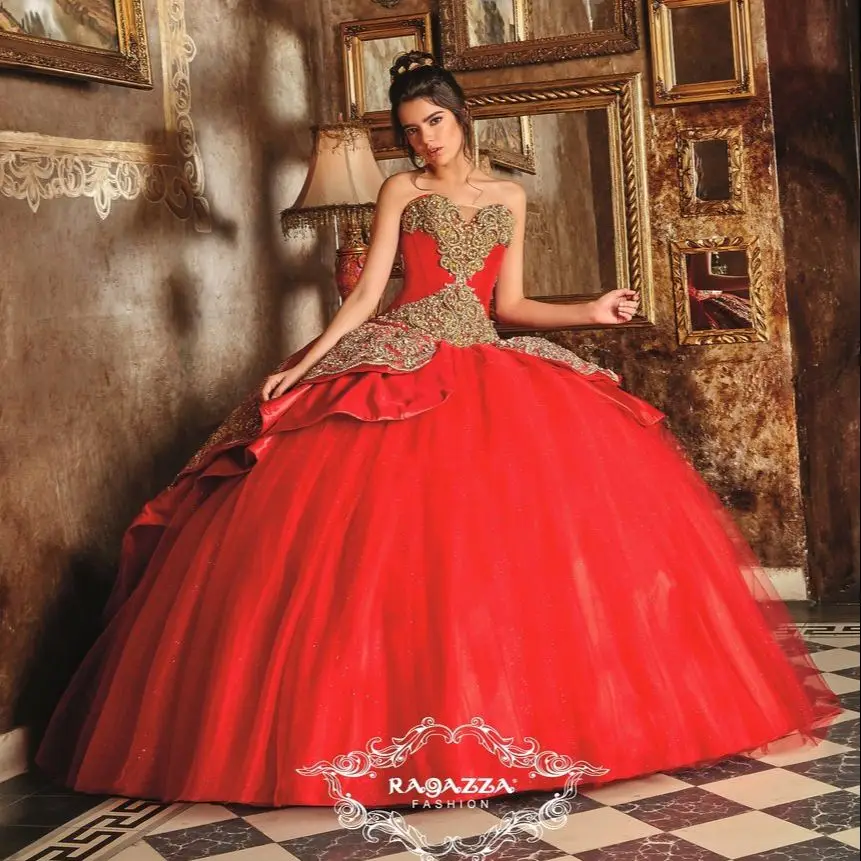 Red Charro Quinceanera Dresses Ball Gown Sweetheart Tulle Pearls Mexican Sweet 16 Dresses 15 Anos