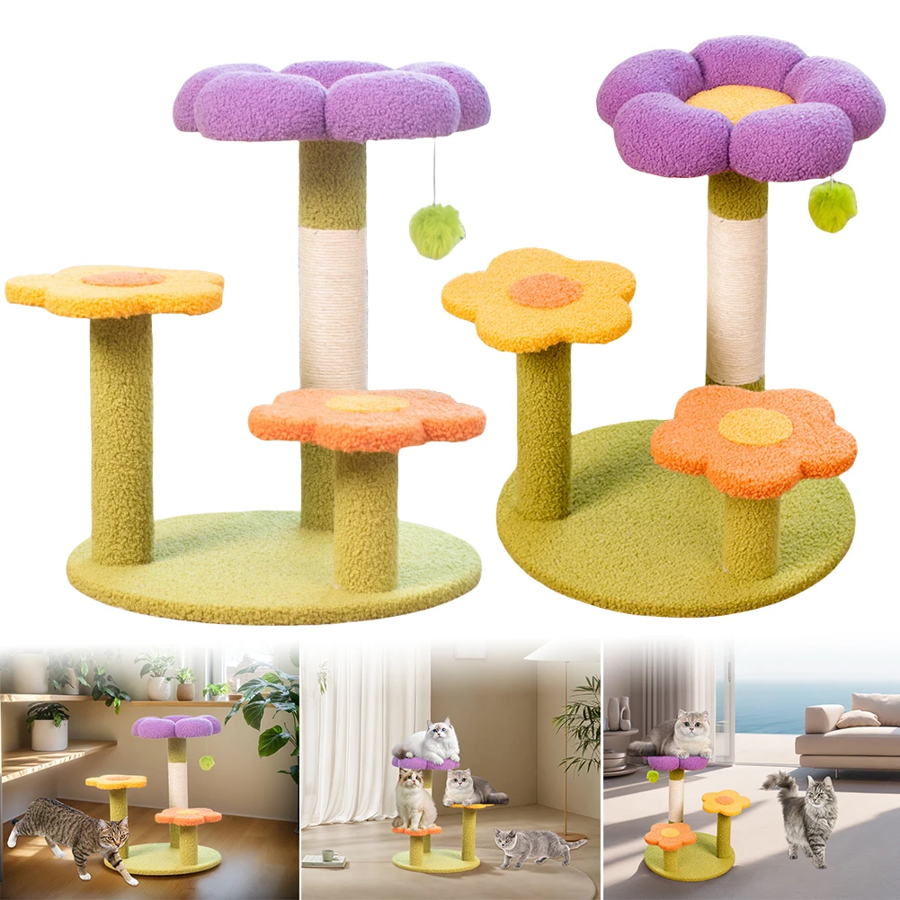 Flower Cat Tree Tower Cat Climbing Frame Sisal Wrapped Cute Cat Tree 3 Layer Interactive Cat Tower for Playtime and Relaxation