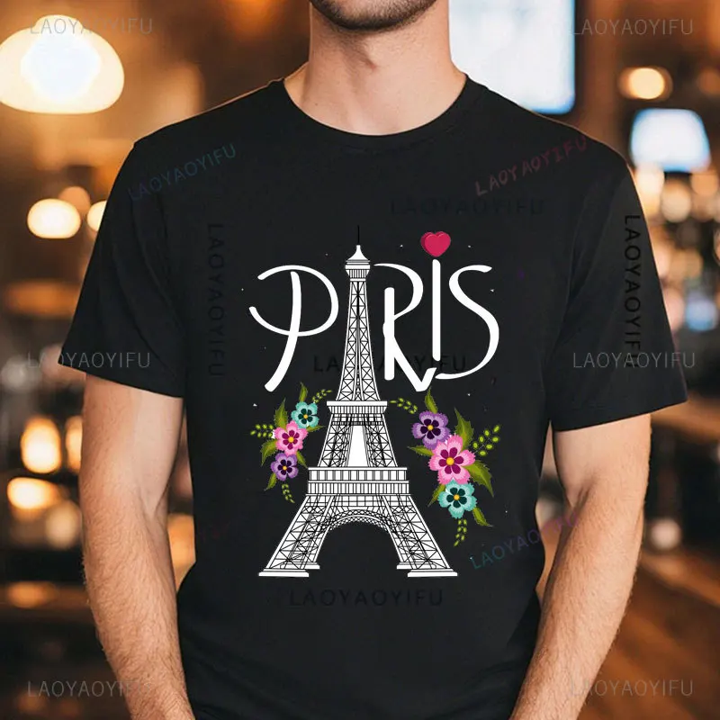 Fashion Paris Eiffel Tower Print Cotton T Shirt Funny Streetwear Mens Short Sleeve Tees Street Clothing Summer girl unisex Tops