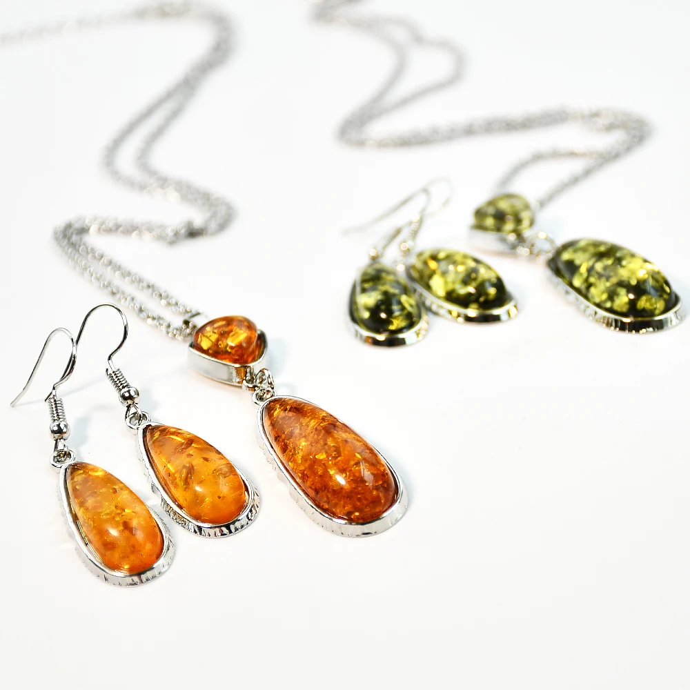 Vintage Accessories Imitation Amber Water Drop Necklace Earrings Geometric Sweater Chain Women\'s Fashion Classic Jewelry