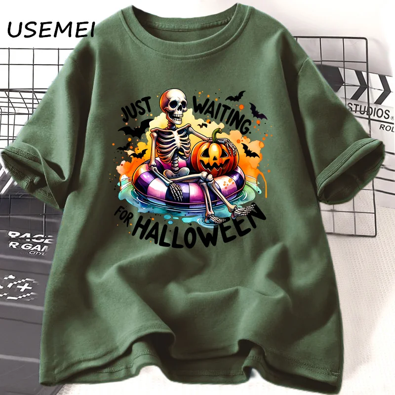 Solo in attesa di magliette di Halloween divertente Halloween spettrale autunno scheletro T Shirt cotone manica corta abbigliamento donna