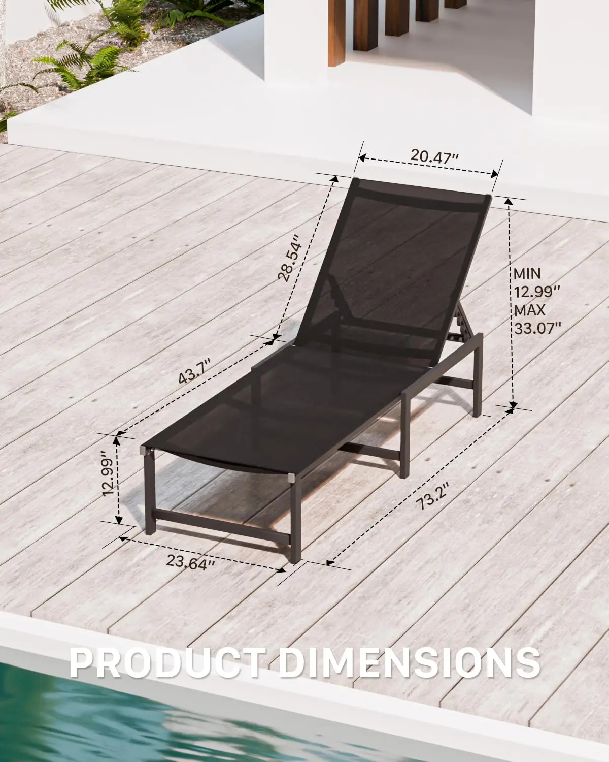 Aluminum Outdoor Chaise Lounge, 5-Position Textilene Chair,Black | Rust-proof aluminum frame; UV quick-dry, Customized