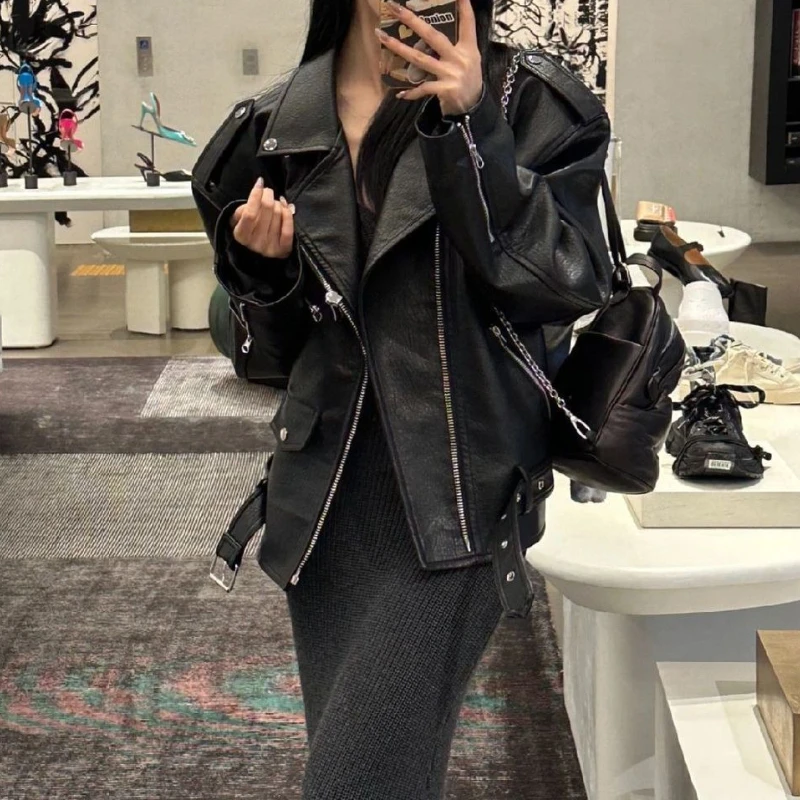 Medium Length Leather Jacket Women's Pre-autumn Biker Leather Jacket Jacket