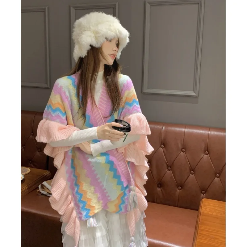 

Sweet Ethnic Color Blo Stripe Knitted Cloak Women's Travel Northwest Sle Girl Feeling Wooden Ear Tassel Large Pamina