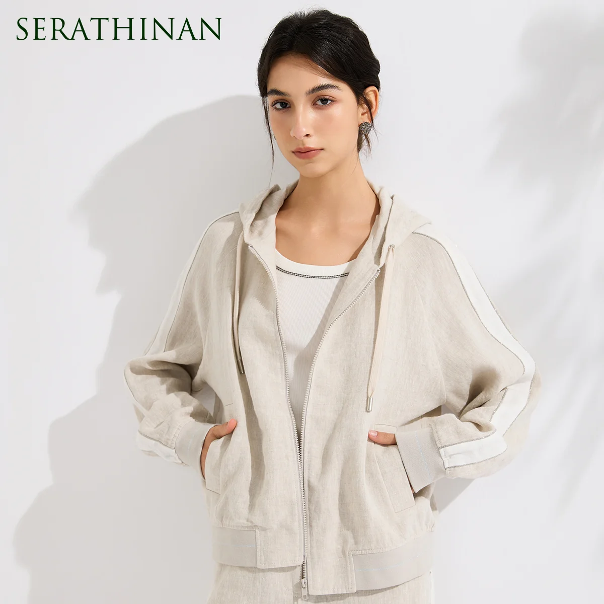 KL9613619 Chaqueta con Capucha de Lino 100% para Mujer, Abrigo Elegante con Cierre, Estilo Minimalista, Holgado, Chic, Natural y Cómodo