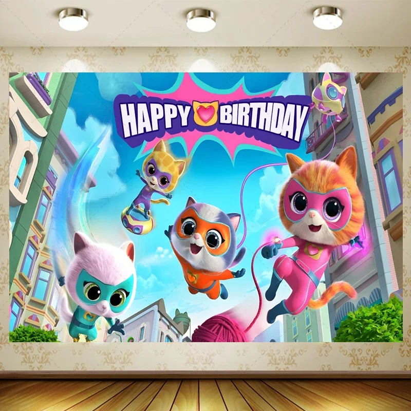 S-uperkitties Pink Purple Hero Cat Mask Cape Rooftop City Night Backdrop Custom Photo Booth Kids Birthday Baby Shower Decor