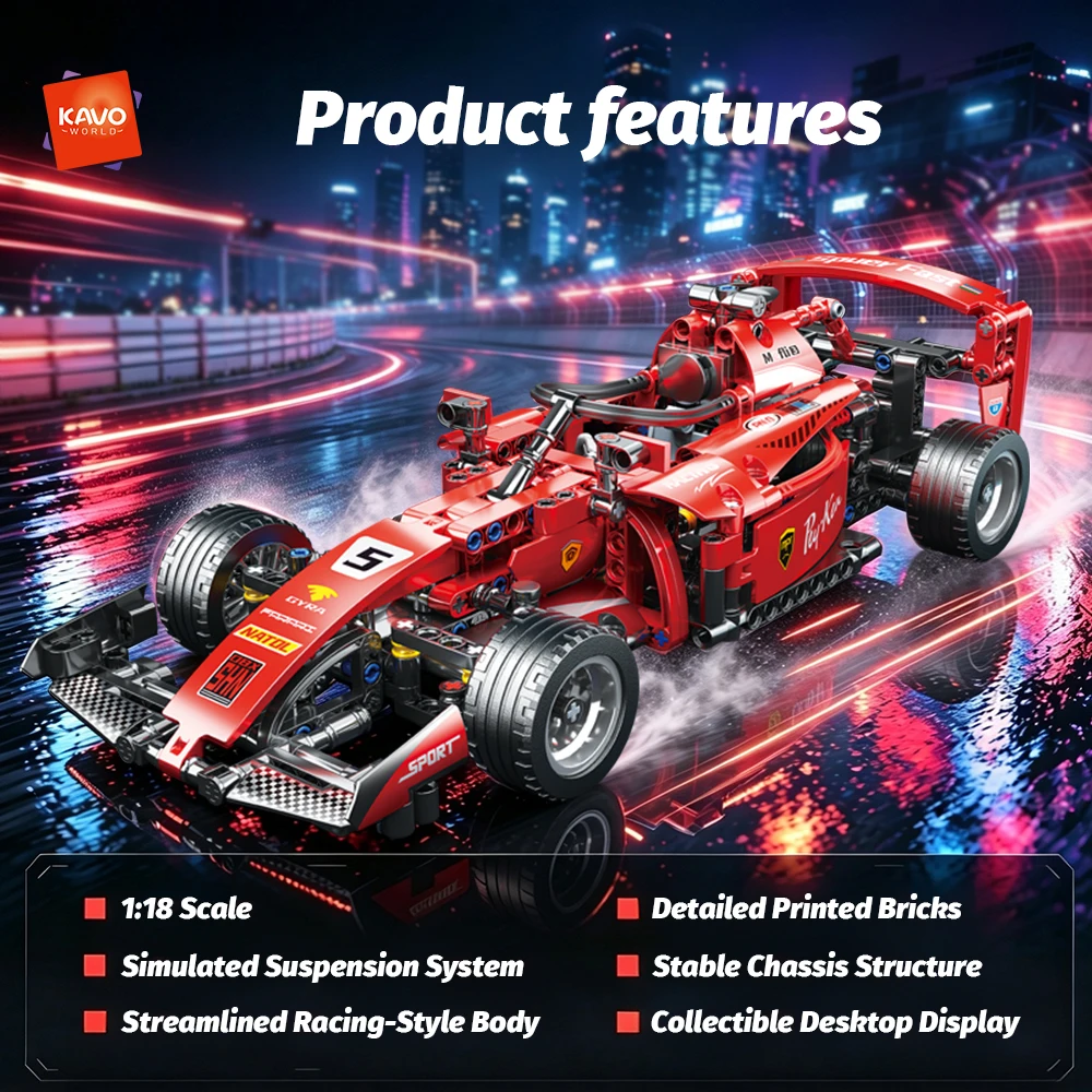 KAVOWORLD 1:18 Scale Red Race Car Building Bricks Set 455PCS Sports Car Model DIY Assembly Desktop Decor Birthday Gift for Teens