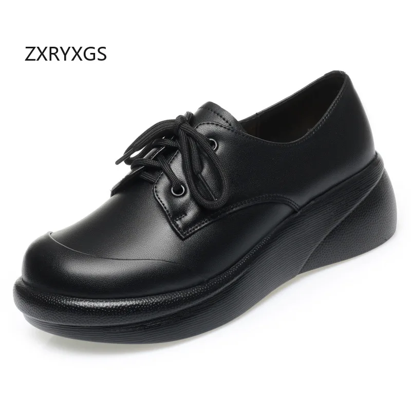 

ZXRYXGS/женская обувь из натуральной кожи в британском стиле на шнуровке, женская обувь на танкетке, толстая подошва, средний каблук, 2025 г., женские туфли большого размера, Tide