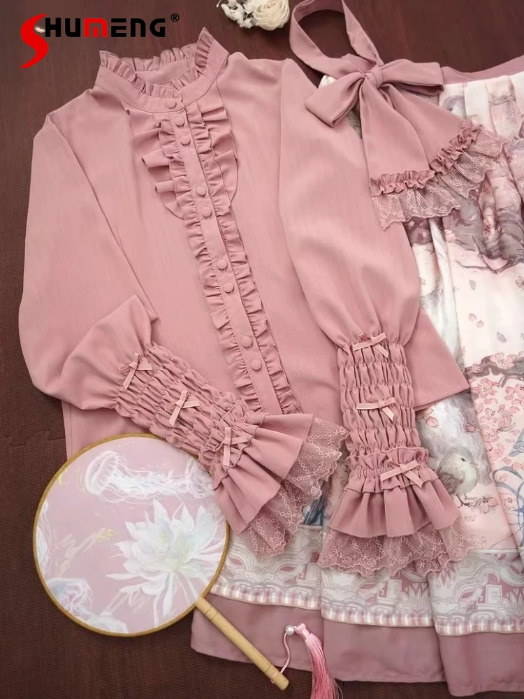 

Оригинальная японская милая внутренняя рубашка в стиле Лолиты, осенние новые женские милые блузки с бантом и кружевными рукавами ягненка, женские рубашки во французском стиле ретро, топы