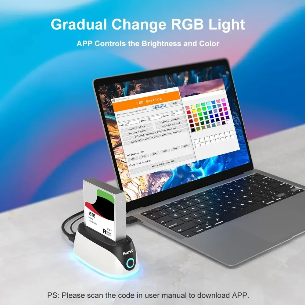 MAIWO RGB Hard Drive Docking Station USB 3.0 to SATA SSD HDD Case Base for 2.5/3.5 inch SATA HDD/SSD Support 18TB Capacity UASP