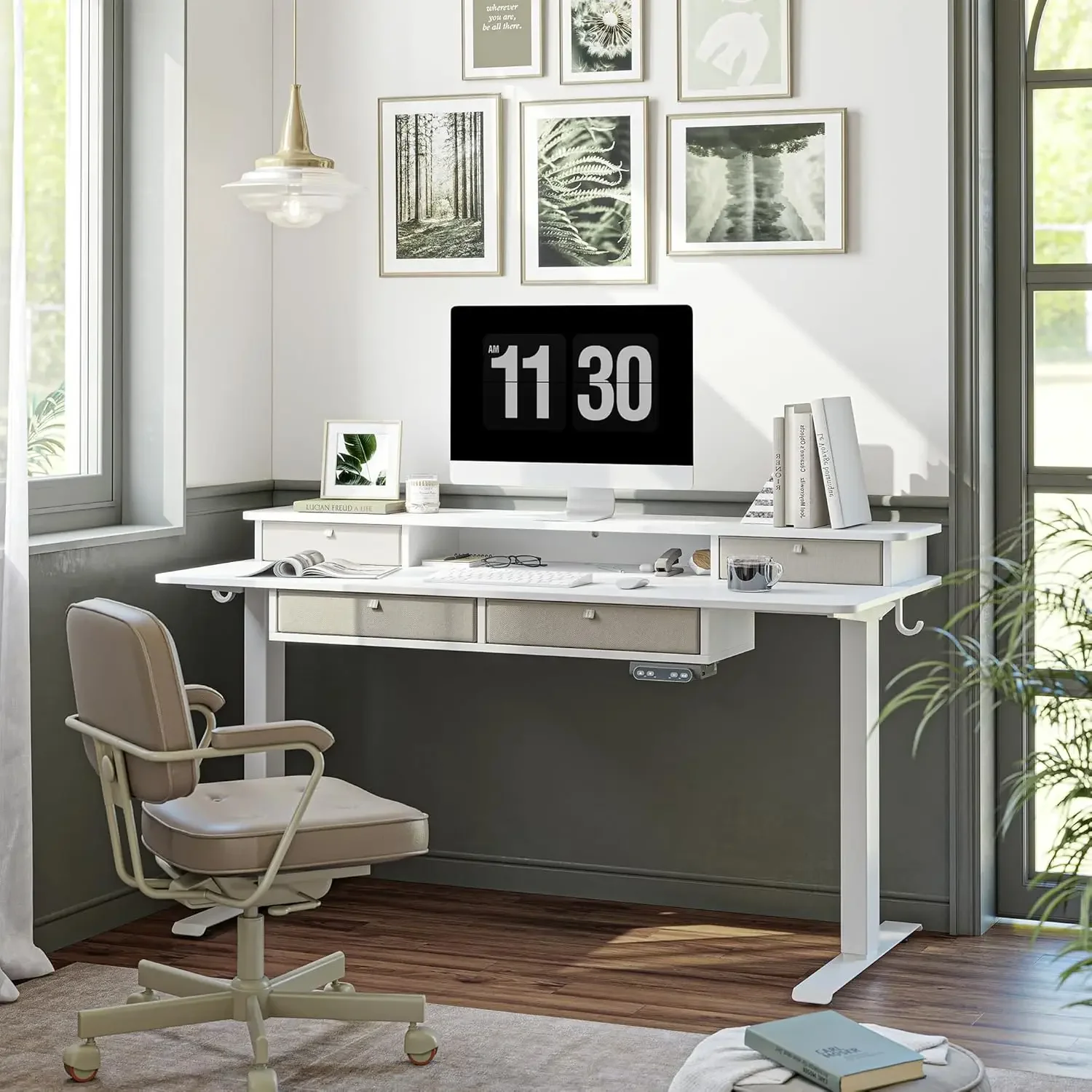 Sturdy Height Adjustable Electric Standing Desk with Drawers, 48 x 24 Inch Stand Up Table with Large Storage Shelf