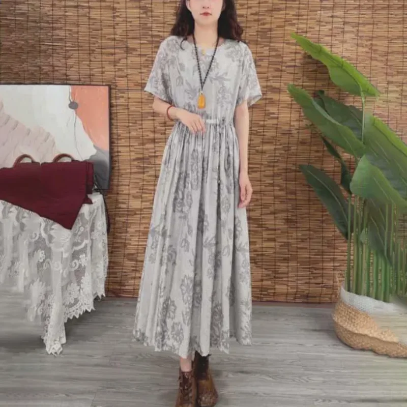 Robe Boho décontractée et ample pour femmes, imprimé Floral gris, manches courtes, Maxi, taille élastique