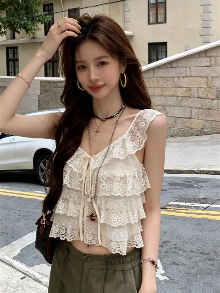 White Lace Trim Camisole Tank Top Women Summer Outdoor High Sensation Slimming Short Style Upper Apparel Commute Style
